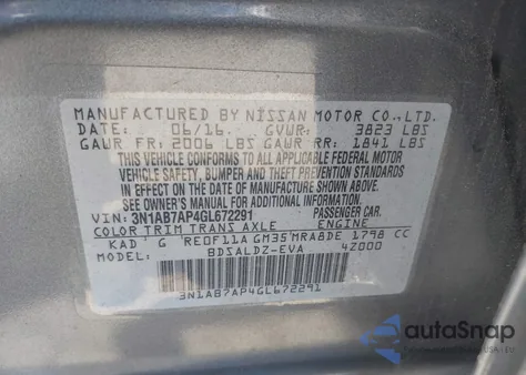 2016 Nissan Sentra Sv z USA, uszkodzony, nr VIN 3N1AB7AP4GL672291